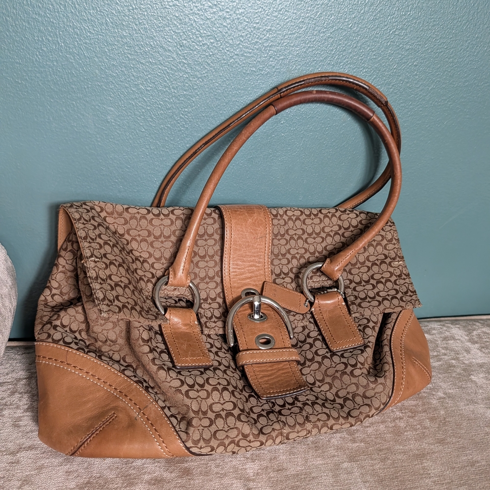 COACH Authentic Signature Flap Satchel Brown Monogram And Leather Like New - Picture 5 of 16